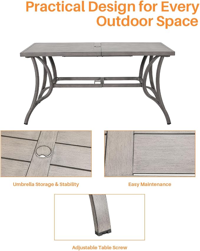 Patio Dining Table for 6, Never Rusts Outdoor Dining Table with Umbrella Hole, 59.8" x 35.8" Rectangle Patio Table, 6 Person Aluminum Outdoor Patio Table for Deck, Garden Poolside, Limed Oak