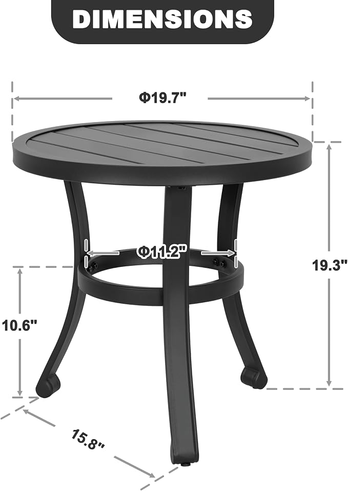 NUU GARDEN 20-Inch Outdoor Metal Side Table, Weather-Resistant Patio End Table, Small Patio Bistro Table for Balcony, Porch, Deck, Poolside, Black