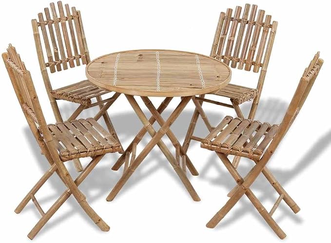 5 Piece Folding Patio Dining Set, 31.5 Inch Round Bamboo Outdoor Table and 4 Chairs for Garden, Backyard and Balcony, Space Saving Wooden Bistro Furniture Set for Al Fresco Dining