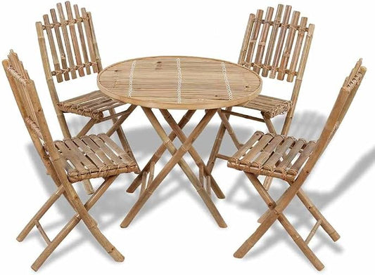 5 Piece Folding Patio Dining Set, 31.5 Inch Round Bamboo Outdoor Table and 4 Chairs for Garden, Backyard and Balcony, Space Saving Wooden Bistro Furniture Set for Al Fresco Dining