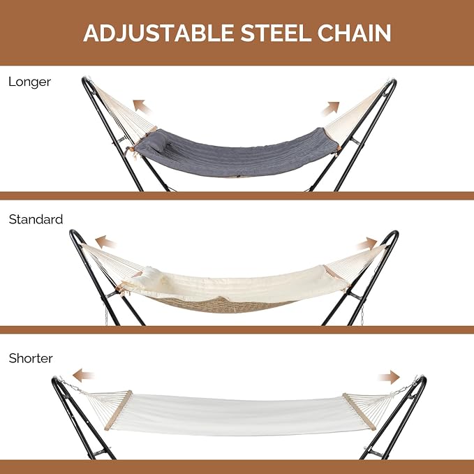 Hammock with Stand, 1-2 Person Heavy Duty Hammock with Pillow, Polyester Outdoor Hammocks Bed for Outside Backyard, Camping, Garden, Yard, Patio, 550 lbs Weight Capacity, Hamaca (Beige)