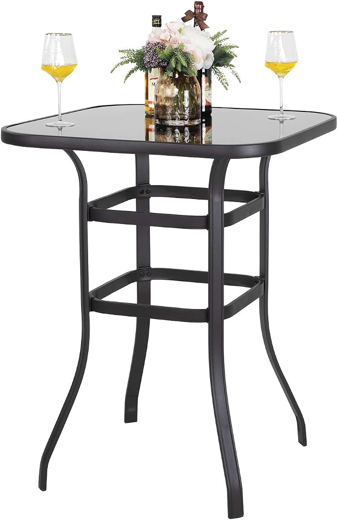 NUU GARDEN 32-Inch Bar Height Patio Table, Outdoor Bistro Table with Tempered Glass Top and Powder-Coated Iron Frame, Black for Backyard, Patio, Cafe