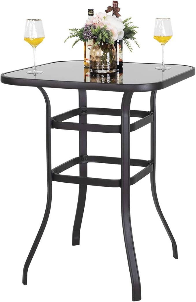 Avestar Nuu Garden Patio Bar Table, 32 Inch Outdoor Bar Height Bistro Table with with Tempered Glass Table Top and Powder-Coated Iron Frame,Black