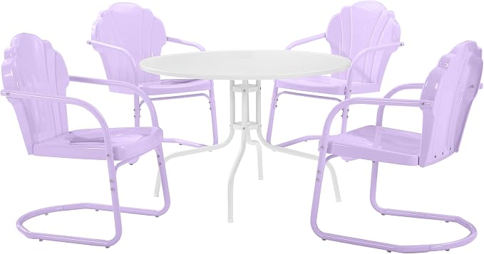 Crosley Furniture Tulip 5-Piece Outdoor Dining Set for 4, Vintage Retro Metal Round Patio Table and Chairs, Lavender Gloss/White Satin