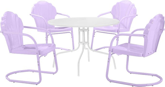 Crosley Furniture Tulip 5-Piece Outdoor Dining Set for 4, Vintage Retro Metal Round Patio Table and Chairs, Lavender Gloss/White Satin