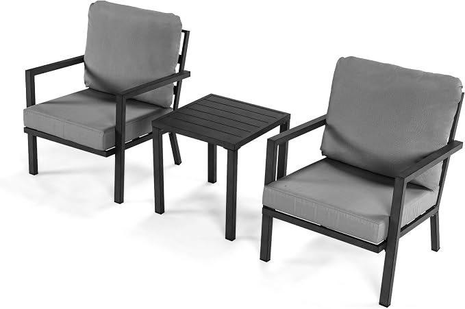 HAPPATIO Aluminum Patio Furniture Set, 3 Pieces Conversation Set with Thick Cushions and Side Table, Waterproof and Rustproof for All Weather, Seating Sofa for Garden, Backyard, Porch, Black