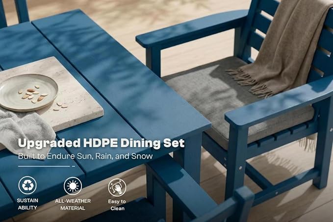 Perli™ 9-Piece Outdoor Dining Set, All-Weather HDPE Patio Furniture with 8 Ergonomic Chairs & Large Table, Built-in Umbrella Hole, UV-Resistant Set for Backyard, Deck, Poolside, Blue