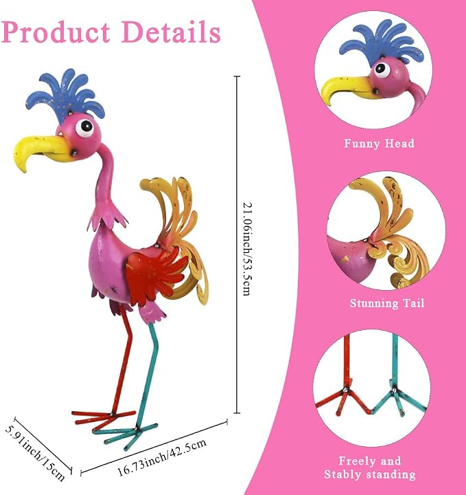 20'' Tall Metal Rooster Statue for Farmhouse, Lawn, Garden | Funny Rooster Sculpture Garden Decor, Metal Yard Art, Pink