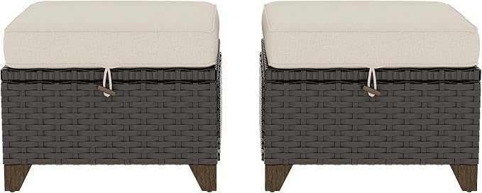 2 Pieces Patio Outdoor Ottomans with Removable and Washable Covers，PE Rattan Wicker Footstools for Porch, Garden, Sunroom (Beige)