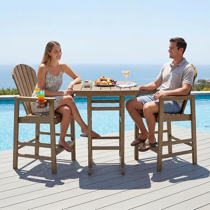 3-Piece HDPE Bar Height Table and Chairs Set, 42.1" Square High Top Pub Table with Umbrella Hole, 2 Adirondack Charis with Cup Holders, Outdoor Patio Dining Set for Bistro Backyard Deck Barnwood