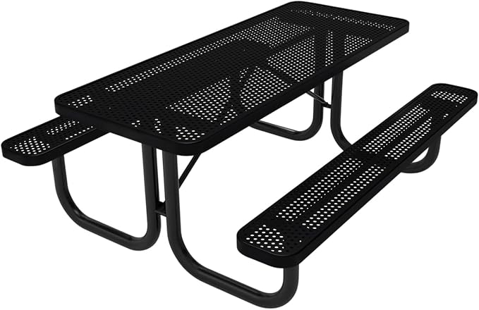 COATEDOUTDOORFURNITURE Heavy-Duty Portable Outdoor Picnic Table, Thermoplastic Coated Punched Steel Commercial-Grade Patio Dining Furniture Made in America (6ft Rectangular, Textured Black)