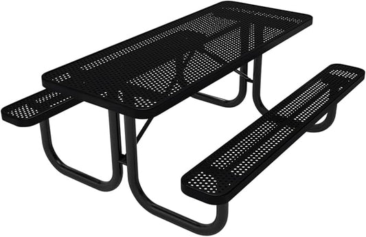 COATEDOUTDOORFURNITURE Heavy-Duty Portable Outdoor Picnic Table, Thermoplastic Coated Punched Steel Commercial-Grade Patio Dining Furniture Made in America (6ft Rectangular, Textured Black)