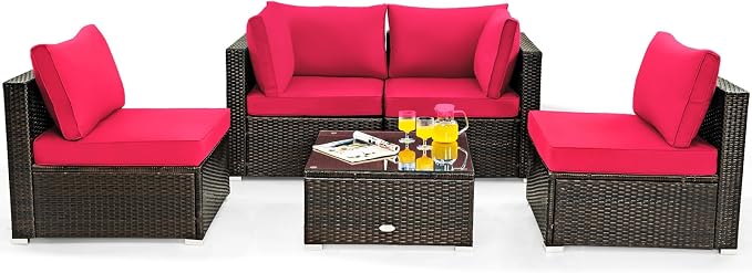 COSTWAY 5-Piece Outdoor Patio Furniture Set, PE Rattan Sofa Chairs with Cushions and Tempered Glass Coffee Table, Conversation Sofa Set for Backyard Garden (Red)