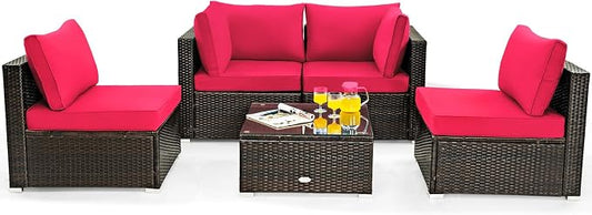 COSTWAY 5-Piece Outdoor Patio Furniture Set, PE Rattan Sofa Chairs with Cushions and Tempered Glass Coffee Table, Conversation Sofa Set for Backyard Garden (Red)