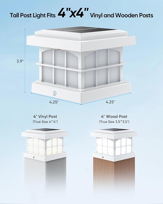 RGBCW Solar Post Cap Lights 8-Pack, 9 Colors 3 Modes Fence Cap Lights, Bright Solar Outdoor Waterproof LED Deck Lighting for Fence Garden Deck Patio Porch Decor 4x4 Vinyl/Wood, White