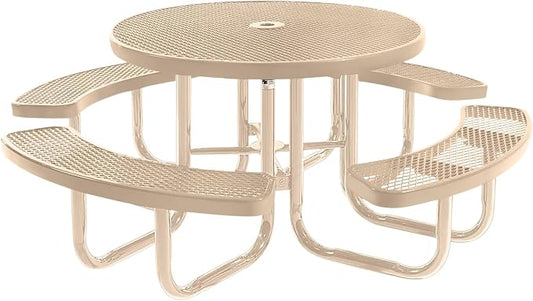 COATEDOUTDOORFURNITURE Heavy-Duty Portable Outdoor Picnic Table with Umbrella Hole, Expanded Metal Commercial-Grade Patio Furniture Made in America (46" Round Top, Tan with Tan Frames)