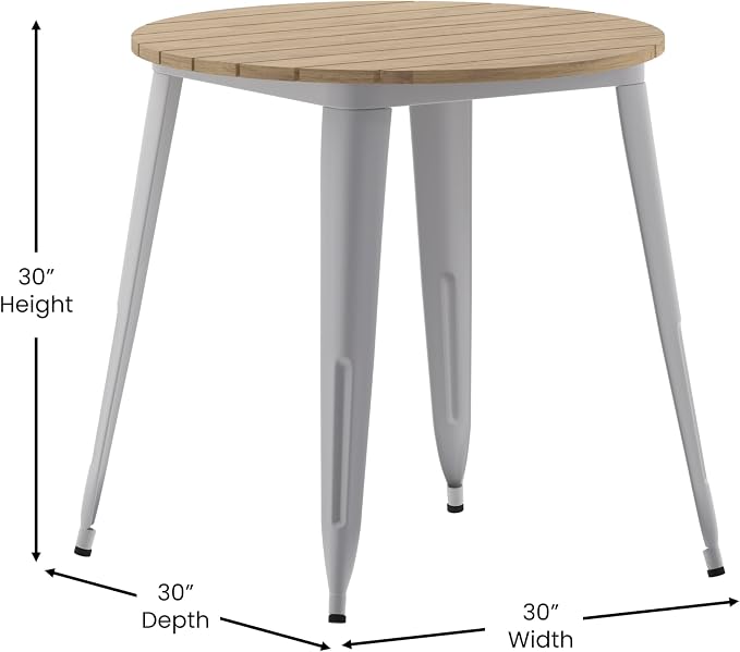 EMMA + OLIVER Drew Dining Table - Brown 30" Round Poly Resin Table Top - Silver Steel Base - All-Weather for Indoor/Outdoor Use