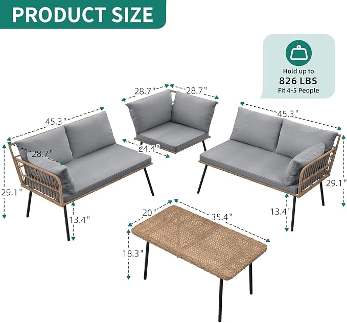 Outdoor 4 Piece Patio Furniture Set with L Shaped Rattan Sectional Sofa, Comfortable Thick Cushions, Two-Tier Coffee Table, Boho Style Conversation Set for Backyard, Patio, and Garden