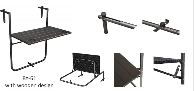 Folding Balcony Table Hanging Outdoor Foldable 3-Way Height Adjustable Wooden Look Weatherproof Table Open Size 60 x 36 cm Brown Color Outdoor Indoor spacesaving Room