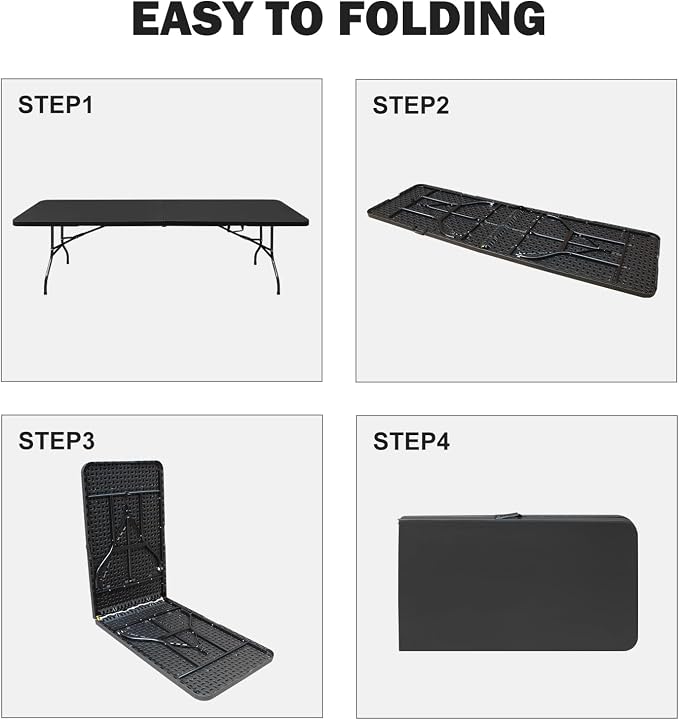Portable Plastic Folding Table 4ft/6ft/8ft Heavy Duty White Black Picnic Dining Table Fold-in-Half for Camp Party Kitchen Indoor Outdoor