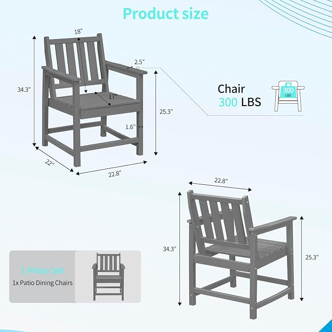 Outdoor Patio Chair, All-Weather HDPE Outdoor Furniture Chairs with Armrest and Backrest, 300 LBS Support Garden Patio Dining Chair for Poolside, Deck and Porch, Grey
