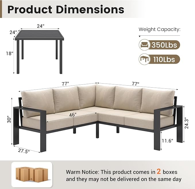 UDPATIO 6 Piece Patio Furniture Set, Metal Outdoor Sectional Sofa with 6" Thick Olefin Cushions, Wide Armrest & Coffee Table, L Shaped Outdoor Furniture for Garden, Backyard Beige
