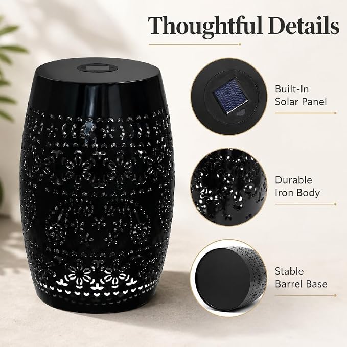 12" Outdoor Solar Side Table, Decorative Cutout Metal Round Side Table, Multi Functional - Coffee Table, Night Stand, Plant Stand for Patio, Garden, Backyard, Gazebo Indoor (Black)