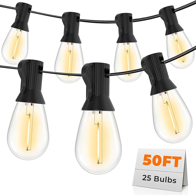 GvvooHome 50FT LED Outdoor String Lights with 25 Shatterproof Edison Bulbs (1 Spare), Dimmable Hanging Outdoor Lights for Backyard, Porch, 2700K Warm White