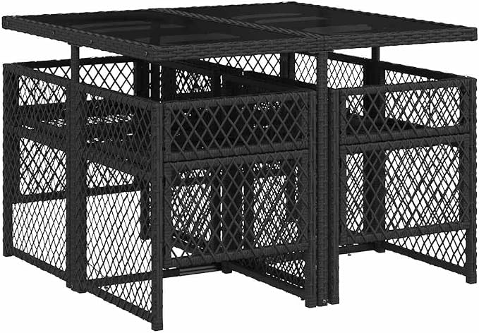 5-Piece Poly Rattan Garden Dining Set with Rectangular Tempered Glass Table and 4 Folding Chairs, Black and Cream White for Patio Backyard