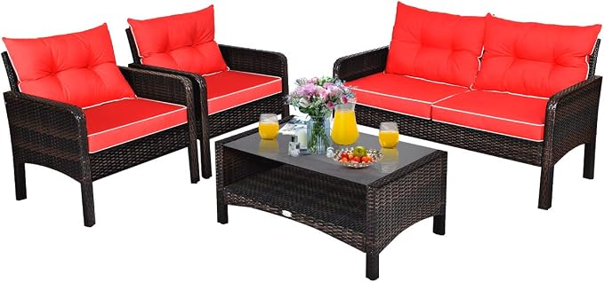 Tangkula 4 Piece Patio Furniture Set, Outdoor Wicker Conversation Set with Glass Top Coffee Table, All Weather Proof and Thick Cushions, Suitable for Porch, Garden, Poolside and Lawn (Red)