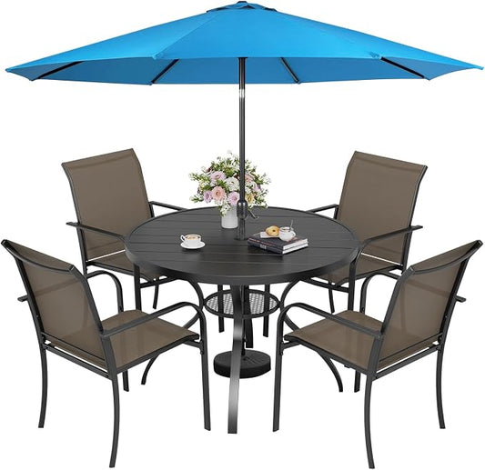Incbruce 6 PCS Patio Dining Set with Sky Blue Umbrella, Outdoor Dining Set of 4 Textilene Chairs and 41" Round Table with Umbrella Hole for Backyard, Garden, and Poolside (Brown)