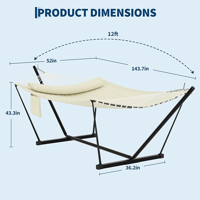 TrailBlaze Double Hammock with Stand and Pillow for 2 Persons – Large Freestanding Outdoor Hammock, 450 lbs Capacity – Wooden Spreader Bar, Balance Rope & Chains – Patio, Garden, Poolside – Offwhite