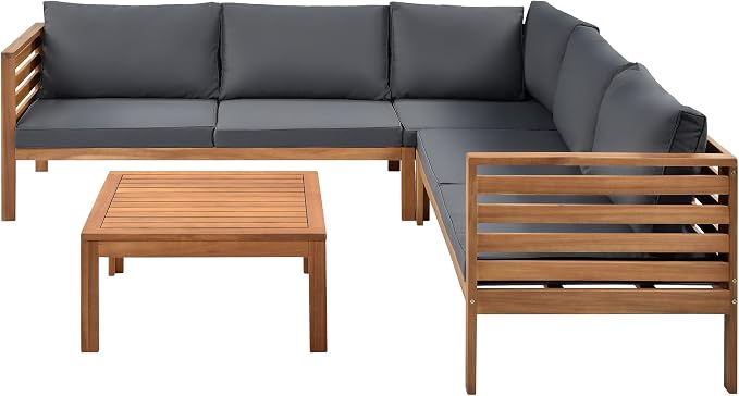 L-Shaped Wood Structure Outdoor Couch & Coffee Table,Sturdy Outdoor Conversation Sectional Sofa with Cushions,Elegant Outdoor Chaise Lounge,Patio Furniture Set For Garden,Poolside,Balcony,Gray