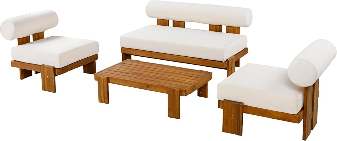 Christopher Knight Home Ahina 4 Pieces Acacia Wood Conversation Set, Loveseat & Accent Chair Chat Set with Cushions, Slat Panel Coffee Table, Patio Furniture Set for Backyard/Balcony, Teak + Beige