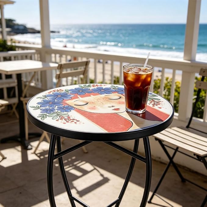 14 Inch Mosaic Patio Side Table with X-Curved Legs, Indoor Outdoor Accent Round End Table with Ceramic Tile Tops for Yard, Garden, Living Room, Bistro, C - Red Hair Girl