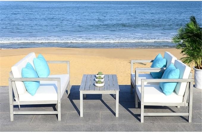 SAFAVIEH Outdoor Collection Montez Grey Wash/ White Cushions/ Light Blue 4-Piece Conversation Patio Set