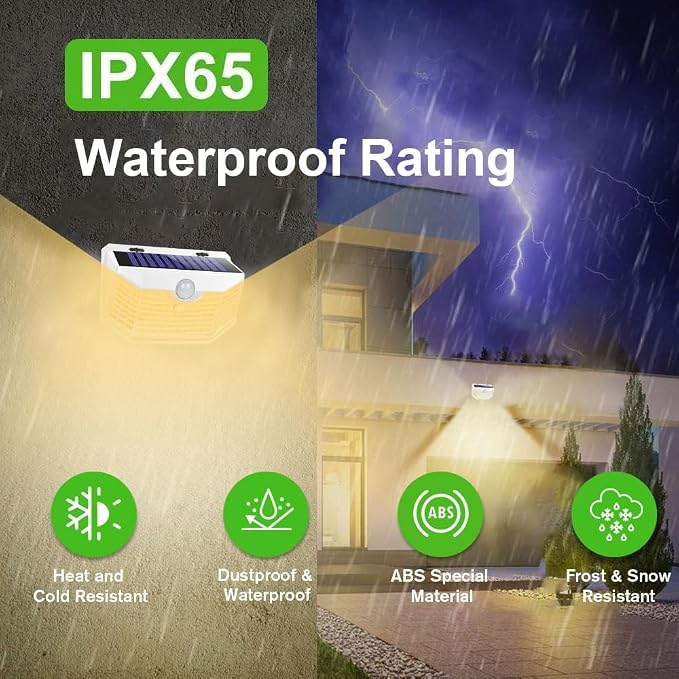 HMCITY 120 LED Solar Lights Outdoor Motion Sensor, 8 Pack, White Warm | 3 Lighting Modes, IP65 Waterproof, Front Button Control, Wide Solar Wall Lights Ideal for Garden Patio Yard