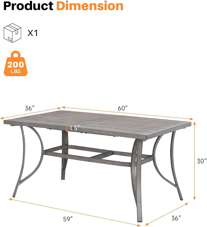 Aluminum Patio Dining Table for 6, Never Rusts Outdoor Rectangle Dining Table with Umbrella Hole, Rustproof 6 Person Outdoor Dining Tables for Backyard, Deck, Garden, Poolside, Porch