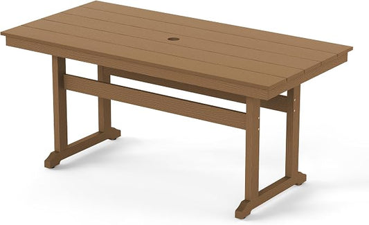 Rectangle Outdoor Dining Tables for 6, HDPS Weather Resistant Patio Dining Table, 66" Outdoor Tables with 1.96" Umbrella Hole for Porch, Balcony, Backyard, Light Brown