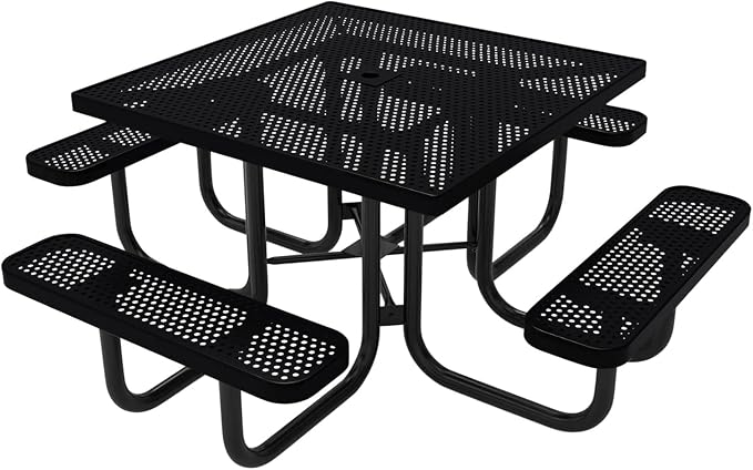 COATEDOUTDOORFURNITURE Heavy-Duty Portable Outdoor Picnic Table with Umbrella Hole, Punched Steel Commercial-Grade Patio Dining Furniture Made in America (46" Square Top, Black)