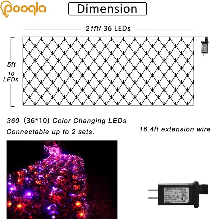 Orange and Purple Halloween Net Lights Outdoor, 21x 5ft Green Wire | 360 LED Large Net Mesh Lights Plug in, 8 Modes Waterproof Connectable Bushes Lights for Halloween Hedge Yard Decor