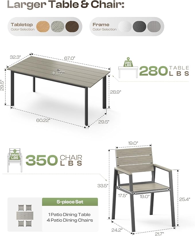 Outdoor Dining Set for 4, Patio Table and Chairs Set with Umbrella Hole, 5 Pieces HDPS + Aluminum Outdoor Furniture Sets for Patio, Garden (Gray)