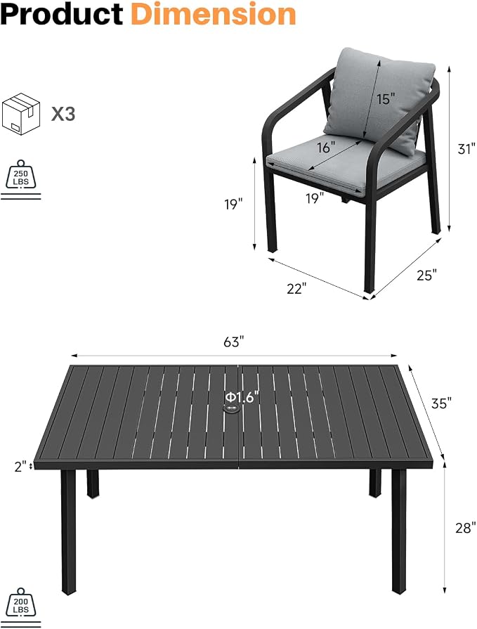 7-Piece Patio Dining Set, Never-Rust Aluminum Outdoor Dining Set for 6, Rectangular Outdoor Table and Chairs Set with Washable Cushions, Patio Furniture Set for Poolside, Lawn, Backyard, Black