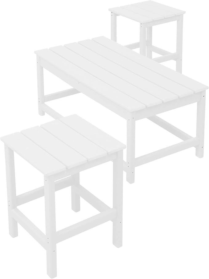 WO Home Furniture HDPE 2pcs Side and 1pc Coffee Table for Adirondack Chair, Weather and UV Resistant for Outdoor, Patio, Backyard, Porch, Garden, White