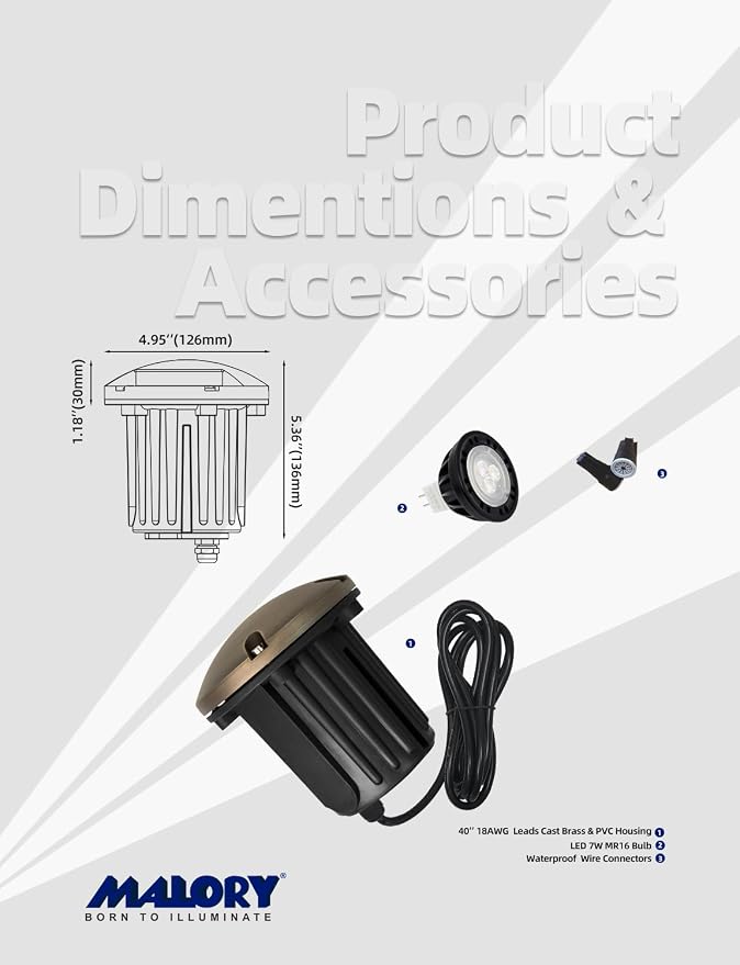 MALORY Brass Top Cover Landscape Well Lights,（φ126 mm 12V Low Voltage Outdoor In Ground Lights,5W Landscape Lighting for Pathway, Driveway and Garden (One-Direction Turret, 10-Pack with Bulb)