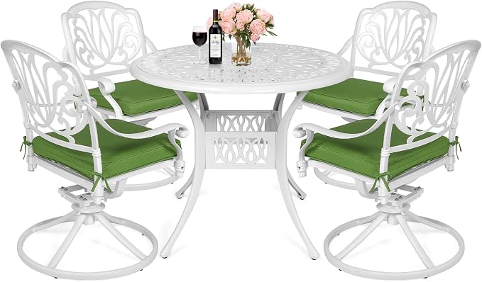 MEETWARM 5-Piece Outdoor Patio Dining Set, All-Weather Cast Aluminum Patio Conversation Set for Backyard Garden Deck with 4 Cushions Swivel Rocker Chairs and 35.4" Round Table, White