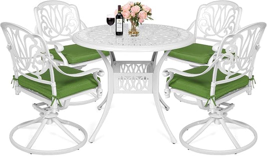 MEETWARM 5-Piece Outdoor Patio Dining Set, All-Weather Cast Aluminum Patio Conversation Set for Backyard Garden Deck with 4 Cushions Swivel Rocker Chairs and 35.4" Round Table, White