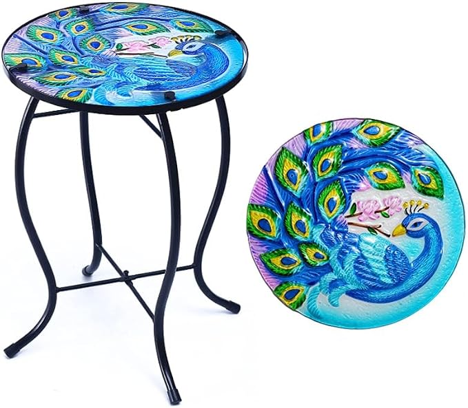 13.5 Inch Round Peacocks Glass Side Table, Patio Small Table, Outdoor Side Table, Outdoor Bar Table, Metal Glass End Table for Porch Garden Patio Pool Living Room