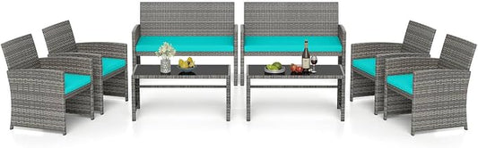 RELAX4LIFE 8-Piece Patio Furniture Set - Wicker Rattan Outdoor Sectional Sofa Set w/Glass Coffee Table, Loveseat, Chairs & Soft Cushions, Bistro Conversation for Garden Porch (2, Grey-Turquoise)
