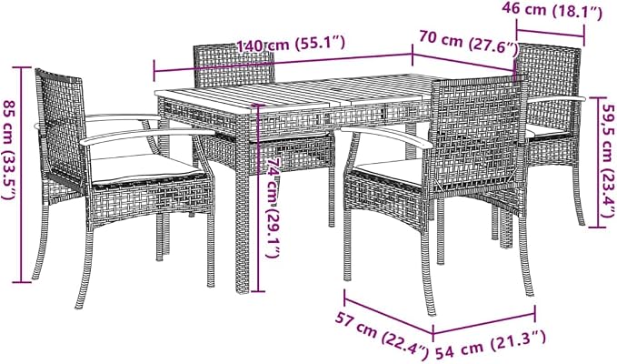 5 Piece Patio Dining Set with Cushions Beige Poly Rattan Outdoor Furniture Table and 4 Chairs Acacia Wood Top UV Proof Backyard Garden Porch Dining, Cream White Cushions
